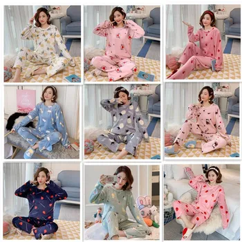 Desene animate Set de Pijama Femei Calde de Toamna Iarna Gros Pijamale Mujer Flanel Haine de Acasă Sleepwear 2Piece/Set Pijama Set Pijamale