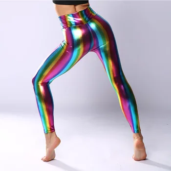 Doamna Dans Rock Disco Pantaloni Femei De Strada De Mare Rainbow Stripe Jambiere Neon Fals Înaltă Talie Pantaloni Skinny Din Piele