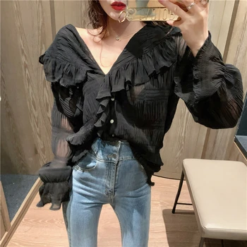 Puff Maneca Lunga Liber Casual V Neck Pentru Femei Plisată Tricou Femei 2020 Toamna Bluza Șifon Coreean Topuri Solid Blusas Mujer 10572
