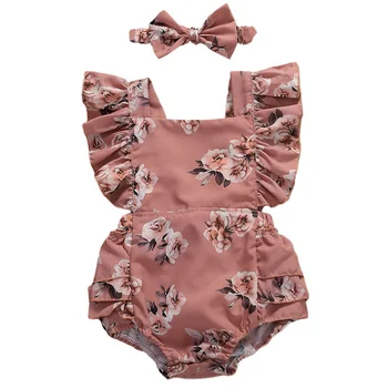 Fata Bodysuit Ruched Moale Moda Print Floral Romper Baby Set Cadou Cu Bentita De Vară Fără Mâneci Uzura De Zi Cu Zi Nou-Născuți Sugari