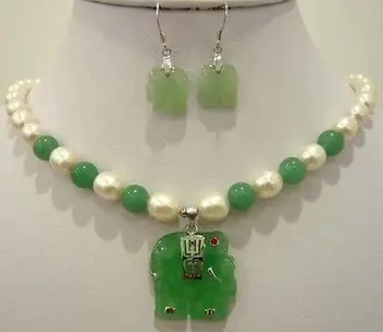 Alb perla lumina naturala verde jad elefant pandantiv colier cercei set