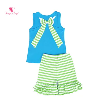 Kaiya Angel Boutique De Îmbrăcăminte Pentru Copii Set Solidă Fără Mâneci Arc Topuri Cu Dungi Ruched Pantaloni Scurți Înapoi La Școală Tinuta Accepta Model Personalizat
