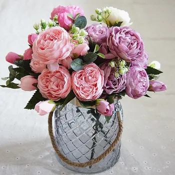 Diferite Culori de Mătase Bujor Flori Artificiale Buchet de 5 Capete Mari și 4 Bud Fals Ieftin Trandafiri pentru Acasă Decorare Nunta de Interior