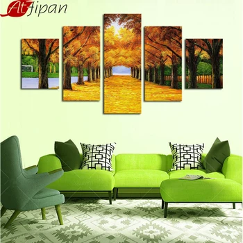 AtFipan Încadrată 5 Panouri Natura Galben de Aur Copaci Imprimare Panza de Pictura pentru a Trai Roon Acasă Decorare Arta de Perete Poza