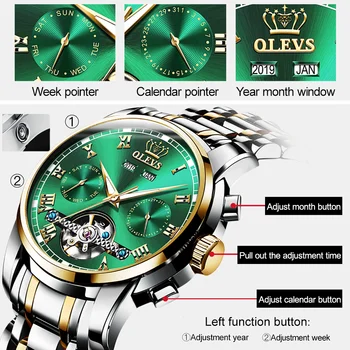 OLEVS Mecanice Bărbați Ceas de Lux Data Săptămâna Verde Ten Clasic Automatizată Ceasuri Mecanice Ceasuri Mecanice