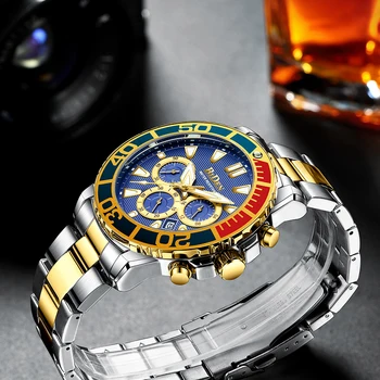 BIDEN bărbați ceas, analog quartz, rezistent la apa, data, cronograf, din oțel inoxidabil, de afaceri de moda, bărbați ceas