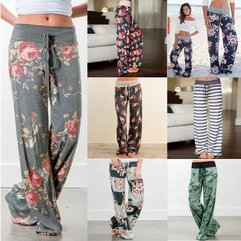 2020 Primăvară Nouă Femei De Cauzalitate Floare De Imprimare Pantaloni Cordon Largi Picior Pantaloni Largi Pantaloni Drepte Lungi Femei Plus Dimensiune Pantaloni