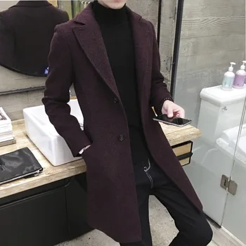 Moda barbati toamna haina lunga geacă călduroasă de lână groasă haină lungă de calitate slim negru sacou Slim mid-lungime