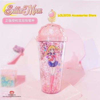 Pink Star Anime Sailor Moon Cu Paie Bling Nisipuri Mișcătoare Sclipici Cană De Sticle De Apă Fată De Desene Animate Student Xmas Cadouri