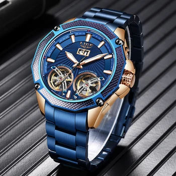 LIGE NOI Barbati Ceas Automată ceas mecanic Stianless Brand de Top Rochie de Lux Luminos Double Tourbillon Ceas de mână de Om+Cutie