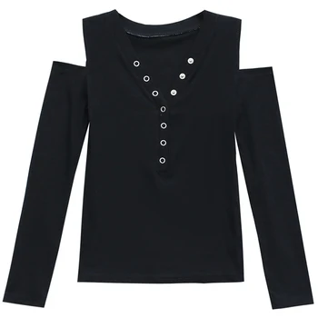 Toamna T-shirt Femei V-neck Negru Off-Butoane de umăr Subțire Elastic de Bumbac Topuri Tricou Bottom Maneca Lunga T98694