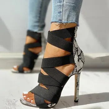 2020 Femei Femei Femei Pompe de Moda Bandaj Mozaic de Culori Amestecate Șarpe Sandale cu Toc Pantofi Casual