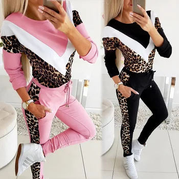 Plus Dimensiune 2 Bucată de Costume pentru Femei Leopard Imprimate Mozaic Întinde Casual Joggor Fitness Set de Potrivire cu Ridicata Nou