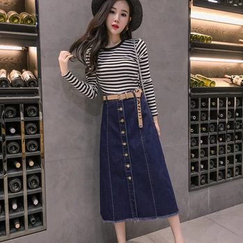 2018 Moda Coreeană Stil Preppy Denim Femei Rupt Albastru Fusta Lunga Cu Talie Înaltă Femei Singure Pieptul Casual, O Linie Fusta Jean