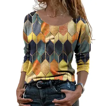 Plus Dimensiune Bluza Vintage 2021 Femei Maneca Lunga O De Gât Geometrice Hexagon Imprimare Tricou Bluza De Sus