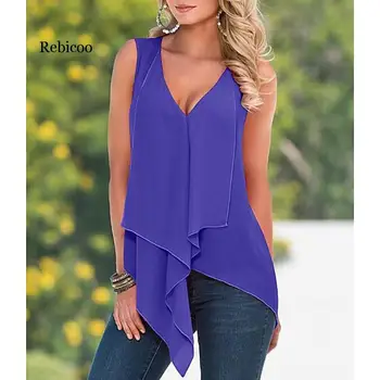 Noi Femeile De Vară Neregulate Top Fără Mâneci Șifon Bluza Volane De Culoare Pură Sexy, Decolteu V-Neck Bluza Tricou