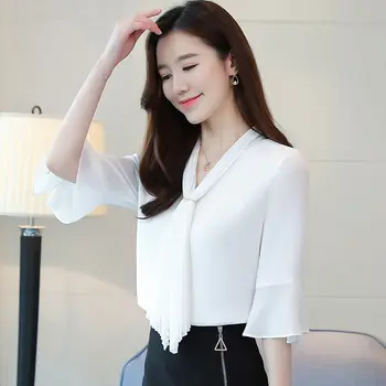 Femei Primavara-Vara Stil Șifon Bluze Tricou Femei Felinar Sleeve V-neck Culoare Solidă Elegante, Topuri SP250