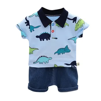 2 buc Copiii Băiat Haine de Vară, Dinozaur Imprimare Rever Maneca Scurta tricou Top+pantaloni Scurți Costum