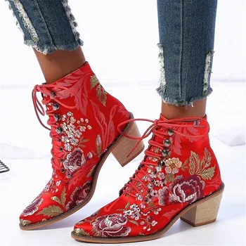 Noua toamna iarna subliniat toe moda cizme pentru femei de mari dimensiuni cruce dantela mid-toc cizme scurte brodate pantofi platforma, cizme