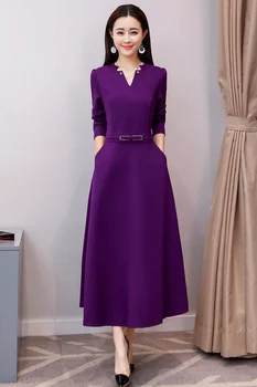 Femei Vintage V-guler rochie lungă Nou Elegant culoare solidă 3Long maneca petrecere vestidos Casual de Primavara Toamna Iarna rochie B822