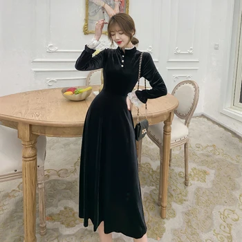 JXMYY franceză little black dress talie Hepburn stil toamna și iarna noi temperament mid-lungime guler de stand-up rochie de catifea
