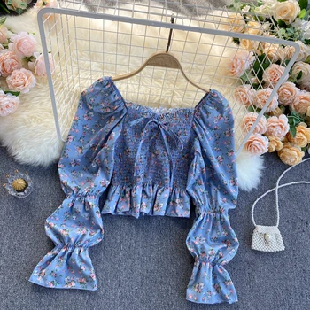 Femei Bluza Imprimeu Floral Summer Square Guler Puff Maneca Topuri Scurte Coreean Arc Cordon Ruched Bluze 2021