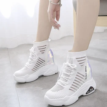Platforma Femeie Pene Șosete Cizme de Vara 10CM Ochiurilor Doamnelor Platforma Pantofi Casual Plat Cauciuc Plat Adidasi