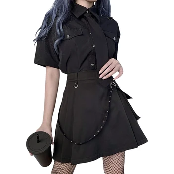 Femeile Gotic Stilul Punk Fuste Mini Fete Cool Talie Mare Negru Fusta Plisata cu Curea Buzunar Decor S/M/L