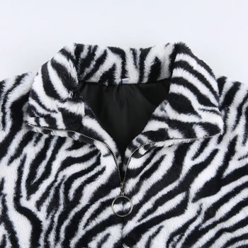 Femei Iarna Cu Maneca Lunga Fuzzy De Pluș Tricou Half Zip Up Guler Pulover Topuri Zebra Dungi Loose Streetwear