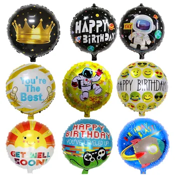 Noi de 18 inch rotund astronaut rachete balon de aur coroana de aluminiu smiley film balon copii petrecere de ziua minge de laudă balon