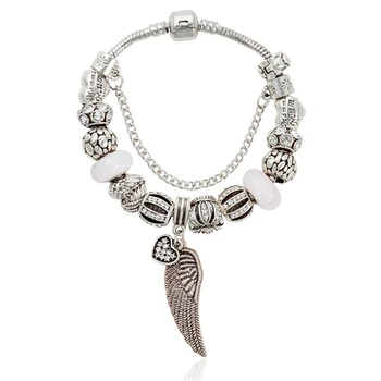 Argint Placat cu aripa pandantiv inima de Moda Elegant Farmec Pan Bratari & Brățări cu alb Chamilia Margele Pentru Femei BT0129