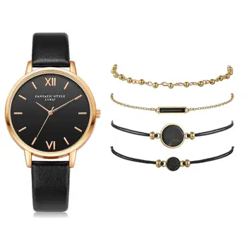 5 buc Set Top Stil de Moda de Lux pentru Femei din Piele Band Analog Cuarț Ceas de mână Doamnelor Ceas Femei Rochie Reloj Mujer Negru Ceas