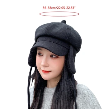 Femei Vintage de Iarnă Octogonal Bereta Capac cu Garnitură de Pluș Earflap Bărbie Curea de Culoare Solidă vânzător de ziare Pictor Vizorul Peak Hat