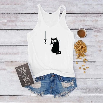 Femei Alb Topuri Rezervor Doamnelor Pisica Drăguț Print Casual Vesta fără Mâneci Topuri Tricou Femei Alb O-Neck T-shirt Bretele Camis