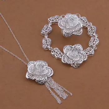 En-gros de argint placate cu bijuterii,moda 925 de bijuterii de Argint floare colier&bratara&inel seturi de bijuterii pentru femei SS436