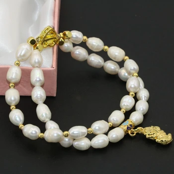 Prețul en-gros de 7-8mm alb natural de apă dulce de cultură butoi orez perla două rânduri incuietoare bijuterii bratari 8inch B2759