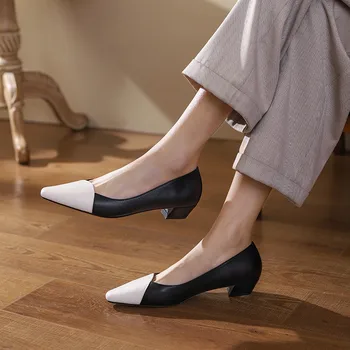 Asumer Complet Din Piele Pantofi 2021 Mai Noi Pompe De Femei Singure Pantofi De Culori Amestecate Confortabil Toc Gros Pantofi Casual Femei