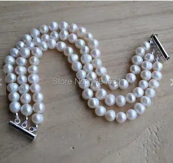 Perla En-Gros Brățară - De 3 Rânduri De 8 Inch Culoare Alb Natural De Apă Dulce Pearl Brățară Magnet Incuietoare Bijuterii Lucrate Manual