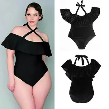 Negru Femei Plus Dimensiune Costume De Baie Monokini Halter Ciufulit Împinge În Sus Căptușit Bikini Set Costum De Baie Dintr-O Bucata, Costume