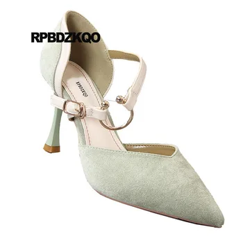 Pompe De Piele De Căprioară Dimensiune 4 34 2018 Verde Pantofi Pentru Femei Curea Birou Tocuri Ascuțite Toe Stilet Seara De Metal Munca De Designer