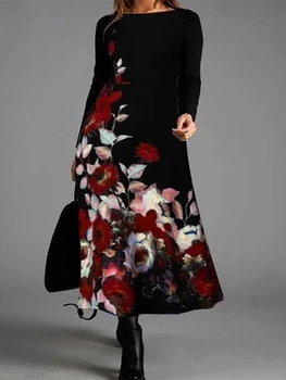 Femei De Moda De Imprimare Florale Rochie Plus Dimensiune Casual Cu Maneci Lungi Midi O Gâtul Doamnelor Maxi Elegante, Rochii Boho Black Vintage