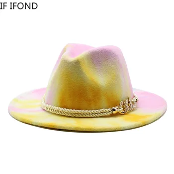 Fedora Hat pentru Femei Stil Britanic Unisex Tie dye Iarna Margine Largă Lână Pălărie de Fetru Domn Nunta Pălărie