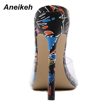 Aneikeh 2021 NOU Sexy din PVC Femei de Moda de Vară Papuci Sandale TOTEM Adult Culori Amestecate în Afara Tocuri Subtiri Retro Superficial Negru