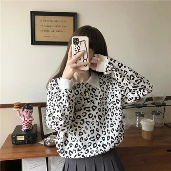 Toamna Femei Maneca Lunga Rândul Său, În Jos Guler Leopard De Imprimare Tricou Butonul Bluza Tricou Butonul Bluza Hanorac Bluza Buton
