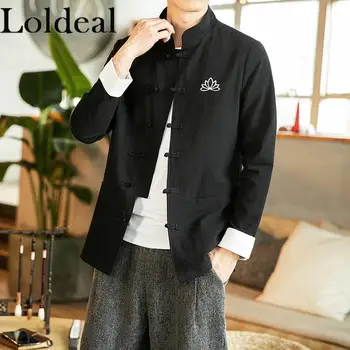 Loldeal Bărbați Jachete Ușoare Stil Chinezesc Broderie Lenjerie Moale Casual cu Buzunar