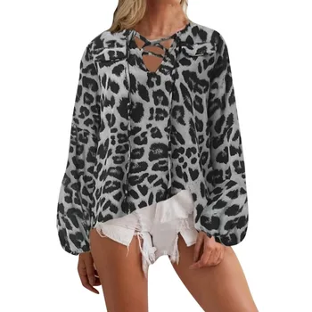 CHAMSGEND bluza femei Poliester tunica Topuri femeile de sex Feminin Vintage Print Leopard Bluze Dantela Sus V Gât Tricou Casual