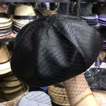 Fascinant Pălărie Neagră De Piele Chic Francez Bereta Cu Voal Plasă Show Strat Dublu Femei Bereta Pe Cap Căciuli