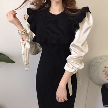 Coreeană Chic Femei Subțire Pulover Tricotate Rochii Doamnelor De Epocă Elegant Lungă Puff Maneca Talie Mare Bodycon Rochie De Petrecere Vestidos