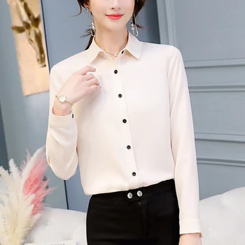 Tricouri Femei Stil Coreean De Primăvară La Modă Doamnelor Elegante Solid Top Femei Șifon Bluza Singur Pieptul Simplu Maneca Lunga, Bluze