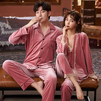 Femei Cămașă de noapte Dorm 2 buc Body Pijamale Cuplu de Catifea Set de Pijama Iubitorii Maneca Lunga Velur Pijamale Pijamale Costum